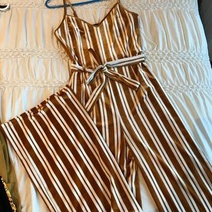 Forever 21 velvet mustard wideleg striped jumpsuit